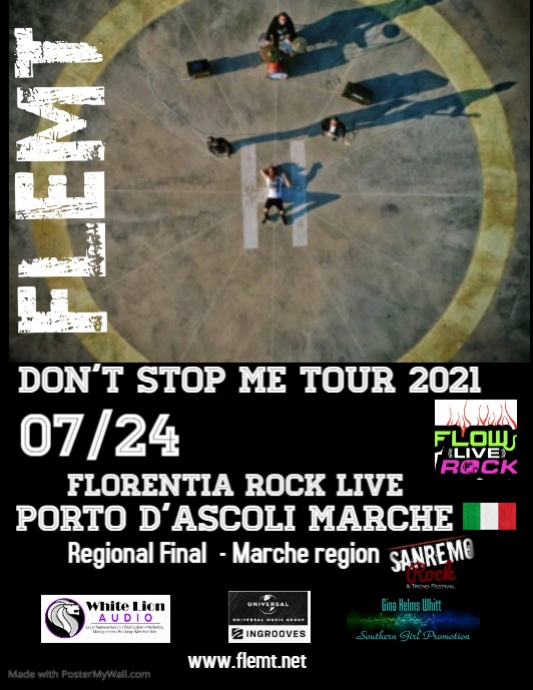 July 24th   Florentia Rock Live at Porto D’Ascoli

1st  show in our Don't Stop Me Tour 2021.      
Sanremo Rock Regional Final – Marche region

Our performance will be available to watch live on Sanremo Rock’s Facebook page. 

@whitelionaudio <a href="/Ingrooves/">Ingrooves</a> #SouthernGirlPromotionsLLC