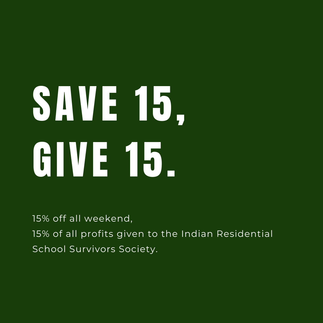 ceceswim's tweet photo. our save 15, give 15 sale is on now. you save 15% and we give 15% of profits to the Indian Residential School Survivors Society. ends sunday at midnight. https://t.co/MrKrViTqZo