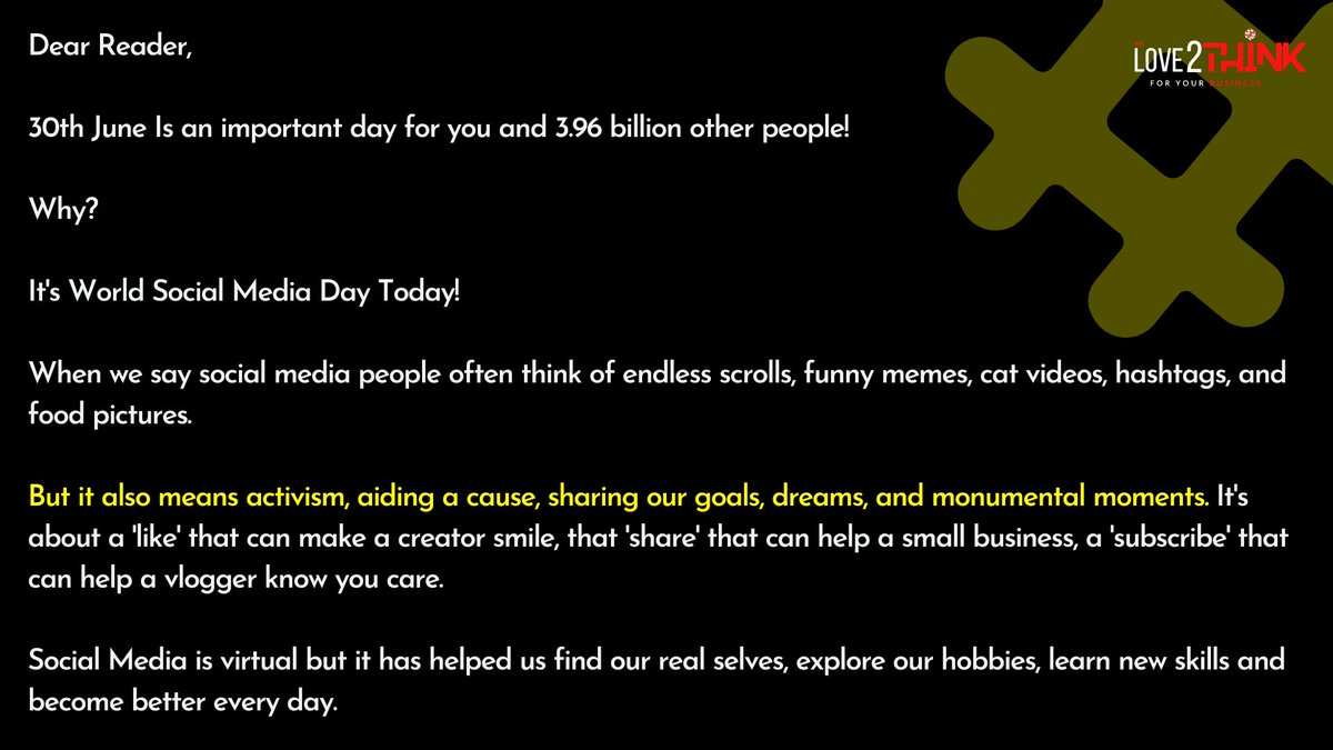 think_love2's tweet photo. An Open Letter To All Social Media Users
#socialmediaday #marketing #branding #activism #positivity #goals, #dreams #openletter #socialmedia #30june #virtual #love2think https://t.co/PBossVeeSX