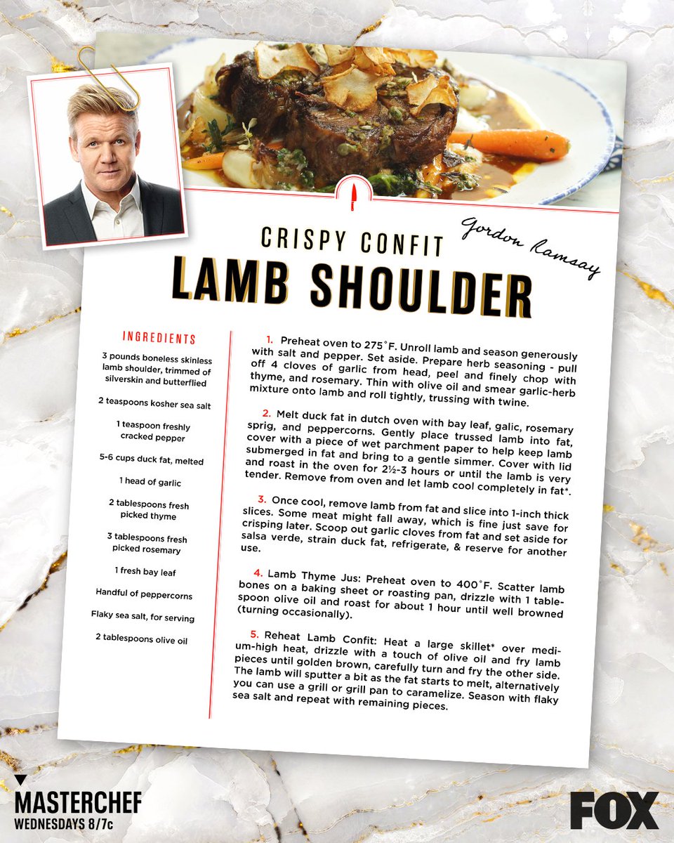 If you can't stop thinking about the kitchen, check out Gordon Ramsay's recipe for Crispy Confit Lamb Shoulder. Then check out the hot new episode of MasterChef: Legends, tonight at 8p on FOX29! https://t.co/tdxKTNxmk9
