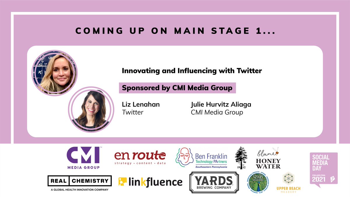 Social Media Day PHL (@smdayphl) on Twitter photo First up on Main Stage 1 for #SMDayPHL is <a href="/liz_len/">liz lenahan</a> of @Twitter and <a href="/JulieAliaga/">Julie</a> of <a href="/CMIMediaGroup/">CMI Media Group</a> for their talk “Innovating and Influencing!” First up on Main Stage 1 for #SMDayPHL is <a href="/liz_len/">liz lenahan</a> of @Twitter and <a href="/JulieAliaga/">Julie</a> of <a href="/CMIMediaGroup/">CMI Media Group</a> for their talk “Innovating and Influencing!”