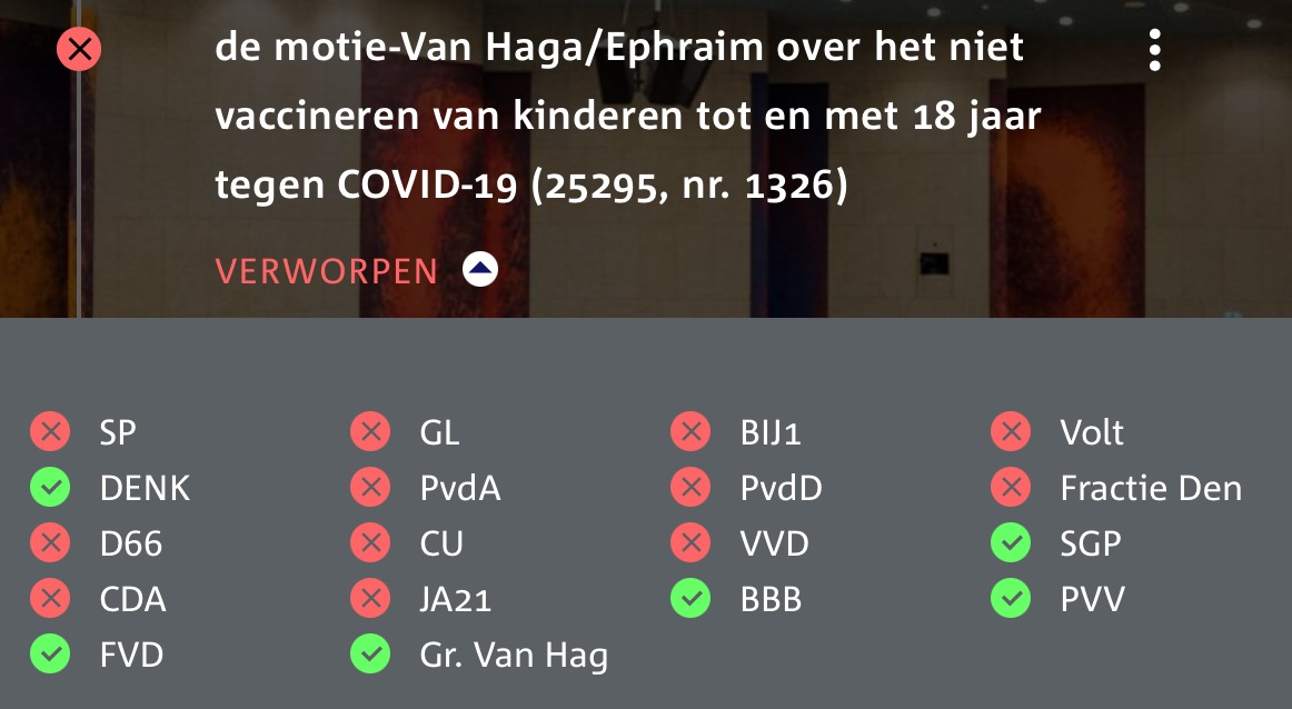 Onvoorstelbaar dat er nog zoveel partijen in de Tweede Kamer zijn die kinderen tot en met 18 jaar willen vaccineren tegen een virus waar kinderen zelf niet ziek van worden.
Om gevaccineerde ouderen te redden? Wat een onzin!
<a href="/Olaf_Ephraim/">Olaf Ephraim</a>
#BlijfVanOnzeKinderenAf