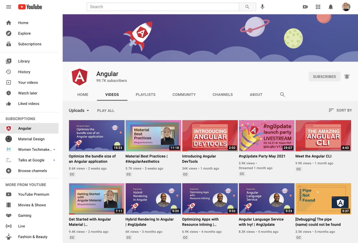 angular's tweet image. Check out youtube.com/angular for new videos on:

‣ Angular DevTools
‣ v12 features
‣ Best practices
+ more!
