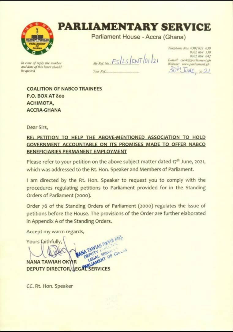 FixNabcotraine1's tweet photo. #FixNabcoTraineesPermanently
#Parliament_ofGhana request #CONAT to comply to procedures regulating petitions to parliament to  hold government accountable on his promise to #absorb #nabcotrainees permanently https://t.co/8JyKGLrLy6