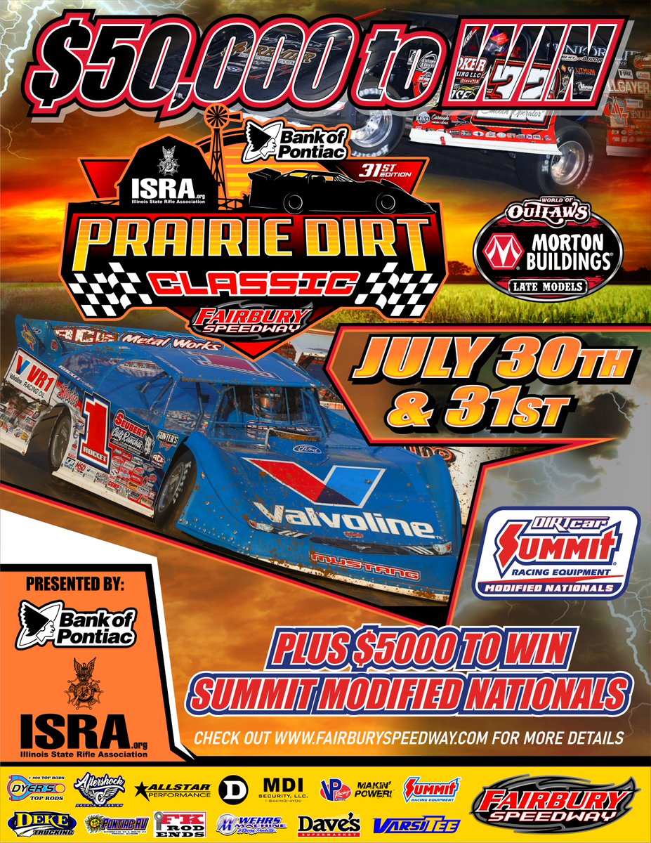 Who’s excited for the Prairie Dirt Classic?! We are &amp; that’s why we’re hosting a giveaway on our Facebook page. Pop over there to enter &amp; thank our event sponsors, Bank of Pontiac &amp; Illinois State Rifle Association. Visit the PDC event guide at bit.ly/3x6f3fW
#FALS