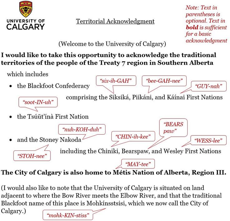 Excellent @UCalgary, thanks for putting this together!!!

#LandAcknowledgement #Treaty7 #Métis of #Alberta #Region3 #Siksiká #Piikáni #Káínai #Tsúūtínà Tsúūt'ínà, #StoneyNakota #Chineiki #Bearspaw in the City of #Calgary, traditional name #Mohkínsstsisi