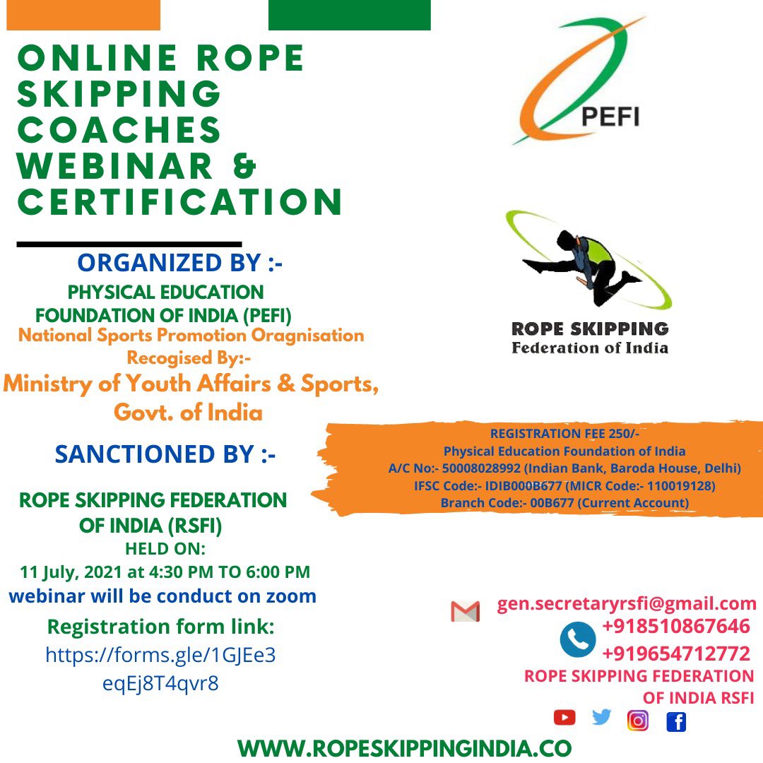 rope_rsfi's tweet photo. ONLINE ROPE SKIPPING COACHES WEBINAR &amp; CERTIFICATION 2021
Org. by :-  Physical Education Foundation of India (PEFI) 
Sanctioned By:- 
Rope Skipping Federation of India (RSFI)
Date:- 11th July 2021
Training Time:- - 4.30pm to 6.00 pm
Mode of training- Live On ZOOM app. https://t.co/xXMygxwECQ