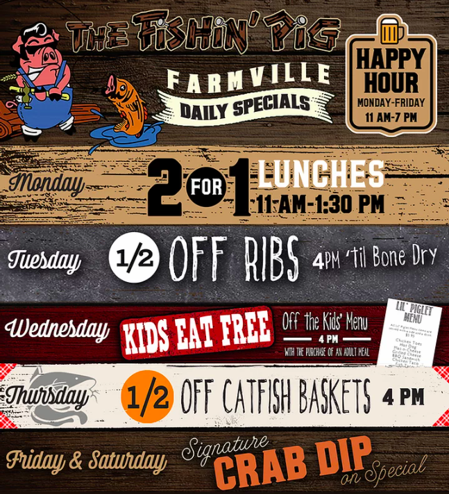 FarmvilleAreaCh's tweet photo. Don't miss out on Fishin' Pig's "Kids Eat Free" Wednesday special along with other great daily specials! 🐟🐷 https://t.co/ewuFpHCAtV