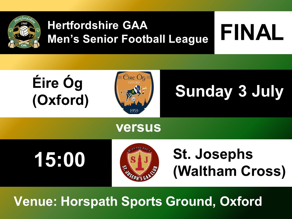 The <a href="/hertsgaa/">Hertfordshire GAA</a> Men's Football League concludes this Sunday 4th July, 15:00 in Oxford. Reigning champs, league-toppers <a href="/EireOgOxford/">Éire Óg Oxford</a> take on high-flying, high-scoring <a href="/gaastjosephs_wx/">St Joseph's GAA 🏐🍀</a> in a rematch of their opening day fixture. Likely little to separate them in the decider.