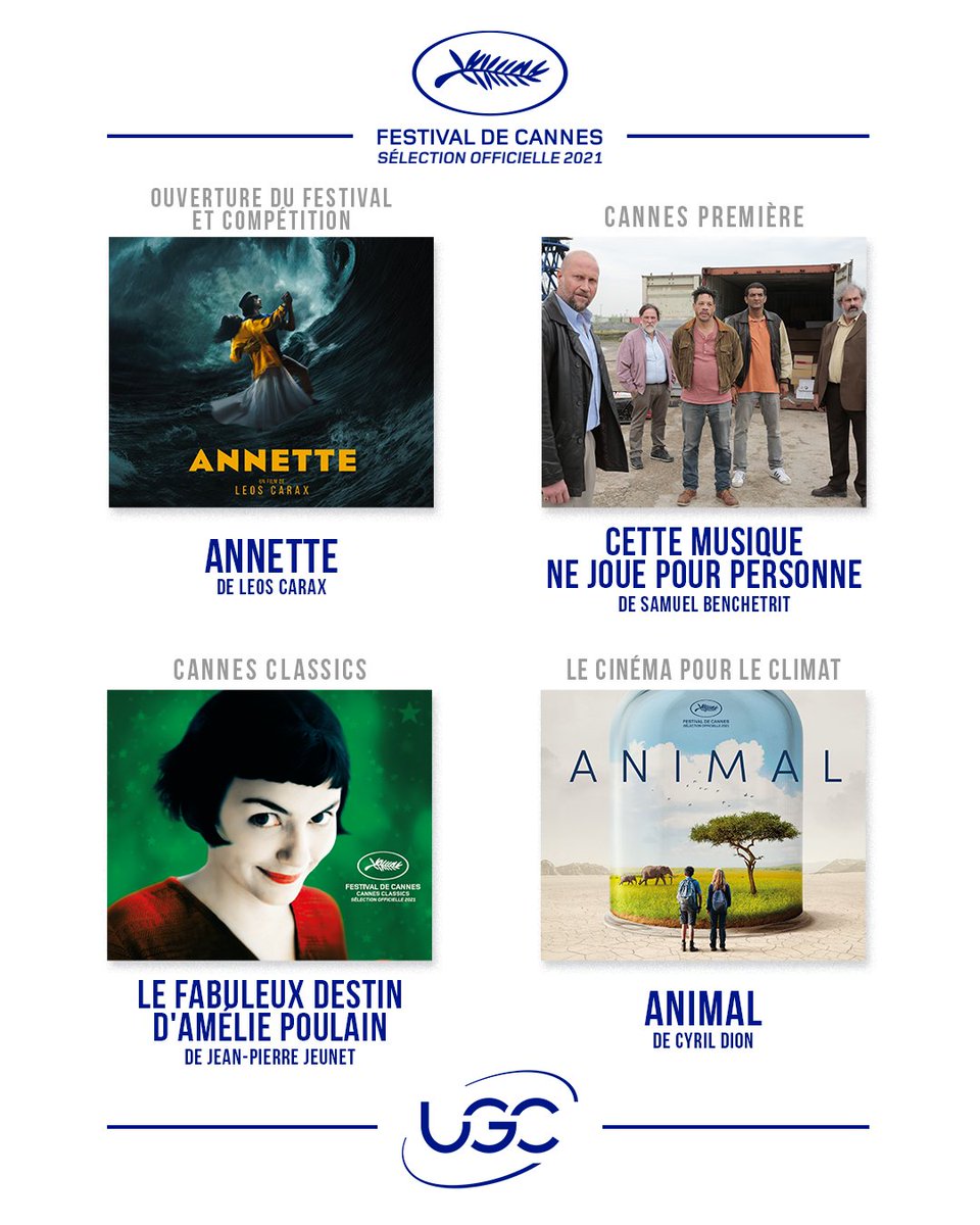 UGC est fier de présenter 4 films en sélection officielle du 74ème <a href="/Festival_Cannes/">Festival de Cannes</a> ✨
- #Annette, de #LéosCarax
- #CetteMusiqueNeJouePourPersonne, de #SamuelBenchetrit
- #Animal, de <a href="/cdion/">Cyril Dion</a>
- #AmeliePoulain, pour les 20 ans du film !

Rendez-vous dès le 6 juillet 🎬