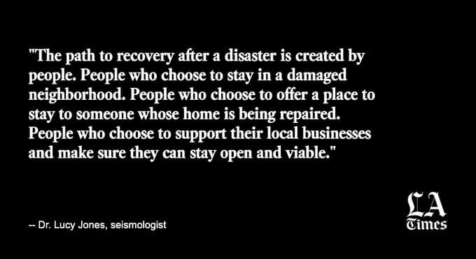 DLJCSS's tweet photo. "Social scientists found that communities with a high level of social capital, where people are connected to one another, recover more quickly and more completely after disasters, says @DrLucyJones ." From the @latimes 

https://t.co/Cpr0zJduii https://t.co/TZcafkVxyc