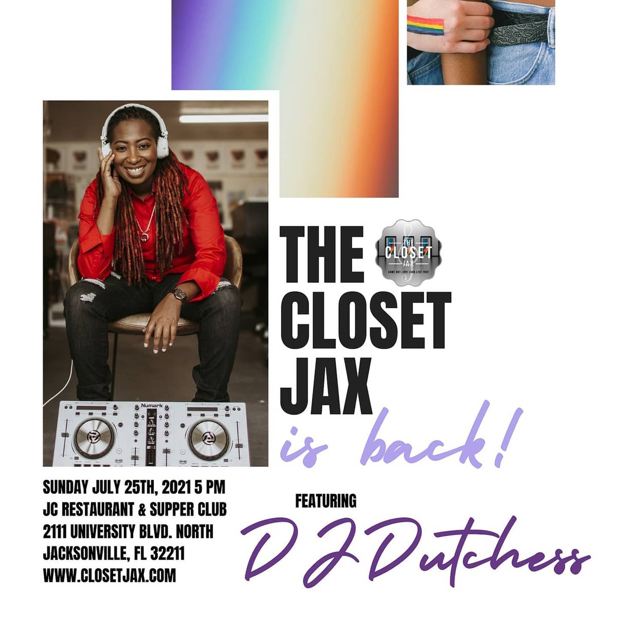 ClosetJax's tweet photo. The lineup for Sunday, July 25th just got DOPER! 
- DJ Dutchess Spinning
- Featuring Savannah &amp; The Closet Jax House Band 
- Poetess, Artist, Entrepreneur May Reign from Miami, FL 
- Dancer and Choreographer, Dion Pratt Jr. 
Link in bio! https://t.co/MKhabhQiww