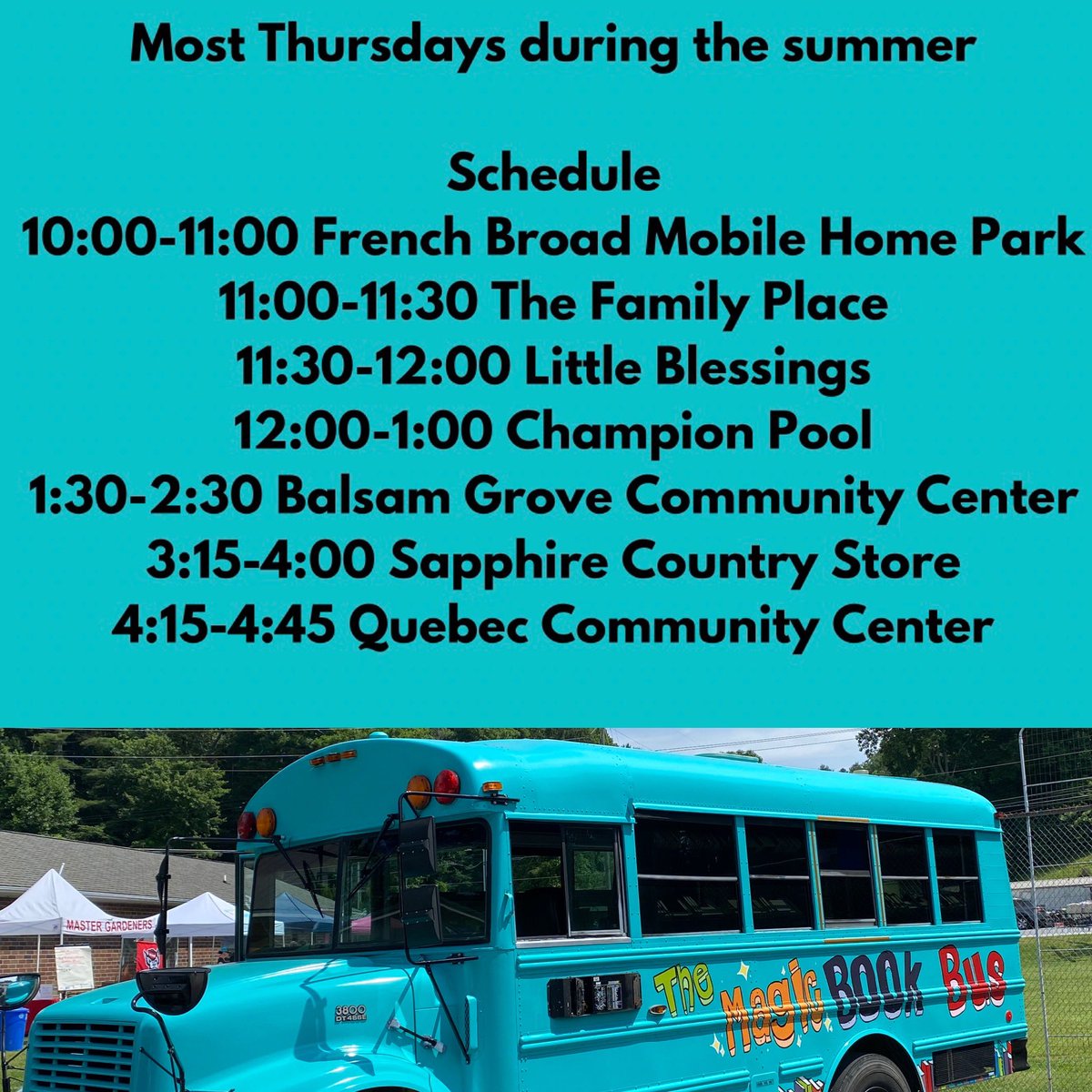 sarahpjustice's tweet photo. The wheels on the bus are rolling tomorrow! Hope to see you at one of our stops #MagicBookBus #tcsyes @RosmanMiddle @RosmanHS 🚌 📚 https://t.co/o7SgII1mIt