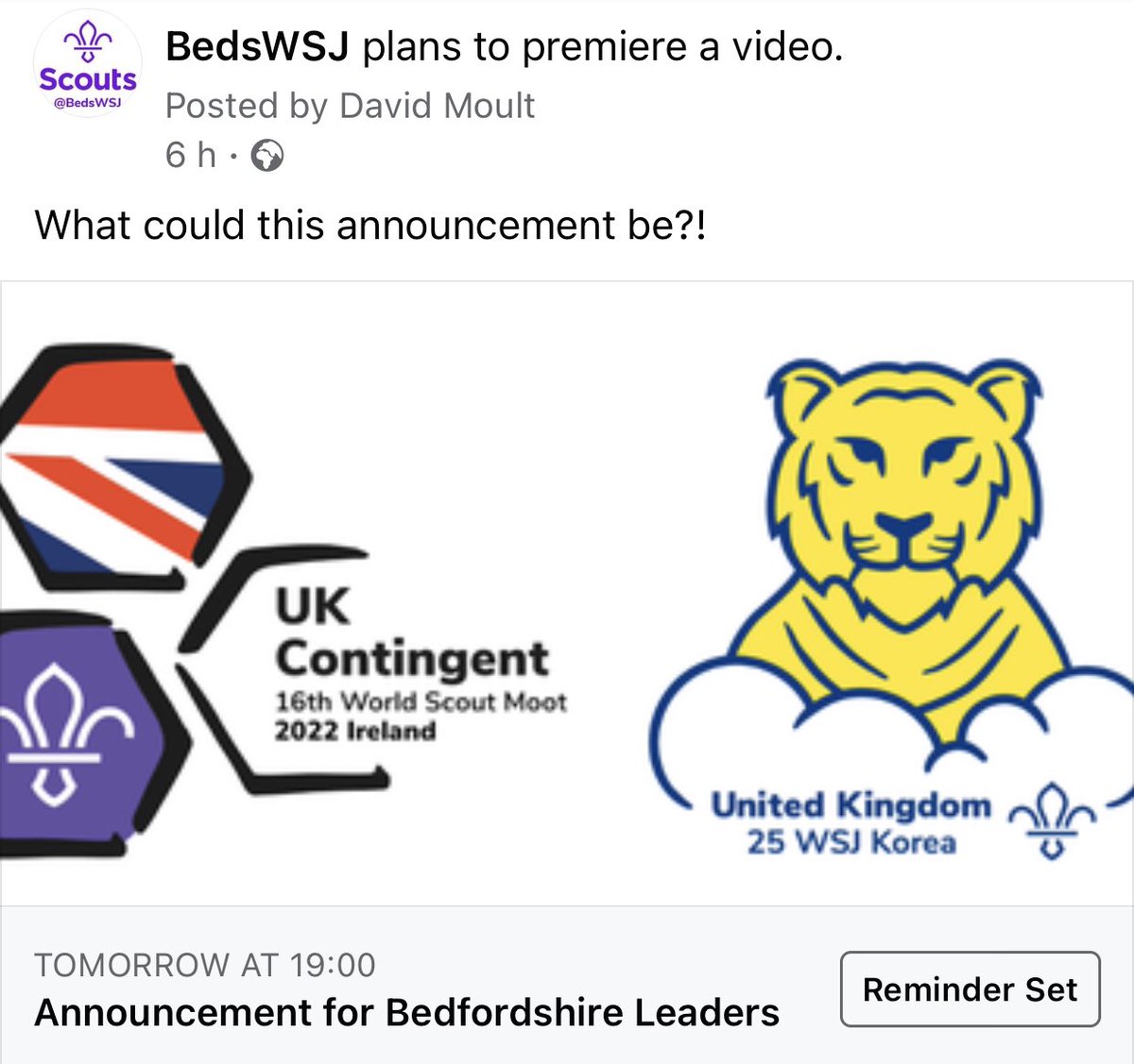 Join us on Facebook tomorrow at 7pm for an announcement for Bedfordshire Leaders... Could it be Jamboree related 🤔😂🐯

facebook.com/BedsWSJ/posts/…