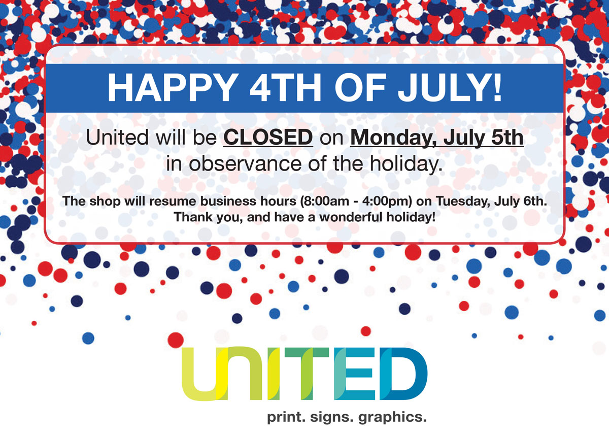 UnitedRepro's tweet photo. United will be CLOSED on Monday, July 5th in observance of the holiday. We will resume normal business hours (8am-4pm) on Tuesday, July 6th. Have a safe and relaxing holiday! Orders placed after 4pm on Friday, July 2nd may not processed until Tuesday, July 5th. https://t.co/2Sjq0qz8BT
