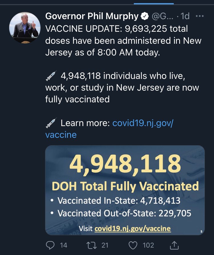 DianeMalloyNJ's tweet photo. 12 Days ago I said @GovMurphy fabricated 77,000 out of state vaccinations to “claim victory” … the proof of his deception is in his own tweets … they’ve removed the over 100k  out of state vaccinations.  

@AWokeZombie https://t.co/yubxumP74H