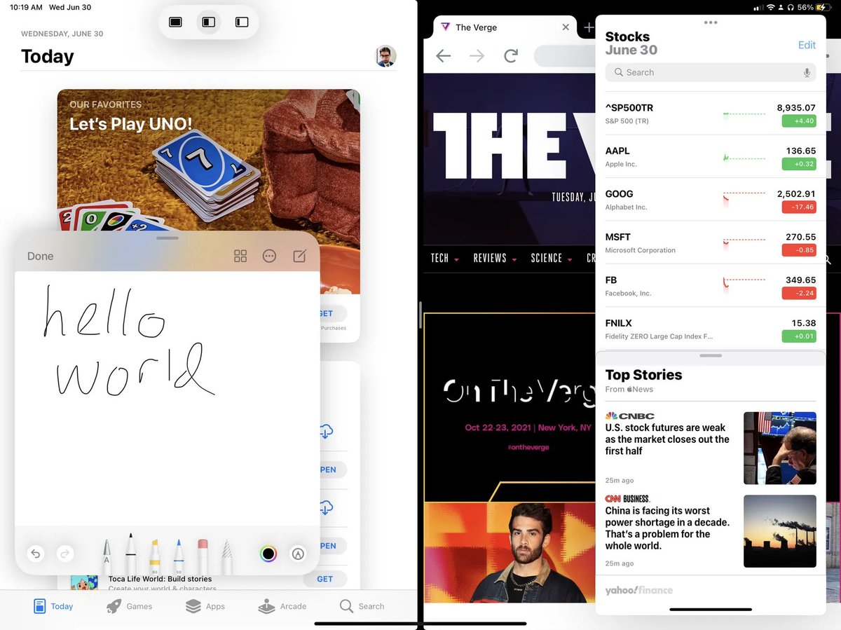 this screenshot in @cgartenberg’s iOS/iPadOS 15 preview gives me such a headache… but it perfectly encapsulates the messy reality that is iPad multitasking…