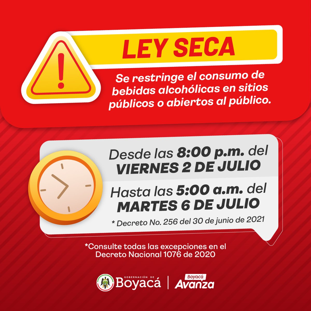 GobBoyaca's tweet photo. ¡#Atención! Desde este viernes, 2 de julio, y hasta el martes, 6 de julio, se decreta Toque de Queda y Ley Seca de 8:00 pm a 5:00 am del día siguiente.

Además, Gob. Boyacá invita a realizar un aislamiento voluntario permanente durante estos días, con el fin de proteger la vida. https://t.co/vmhH4gRuii