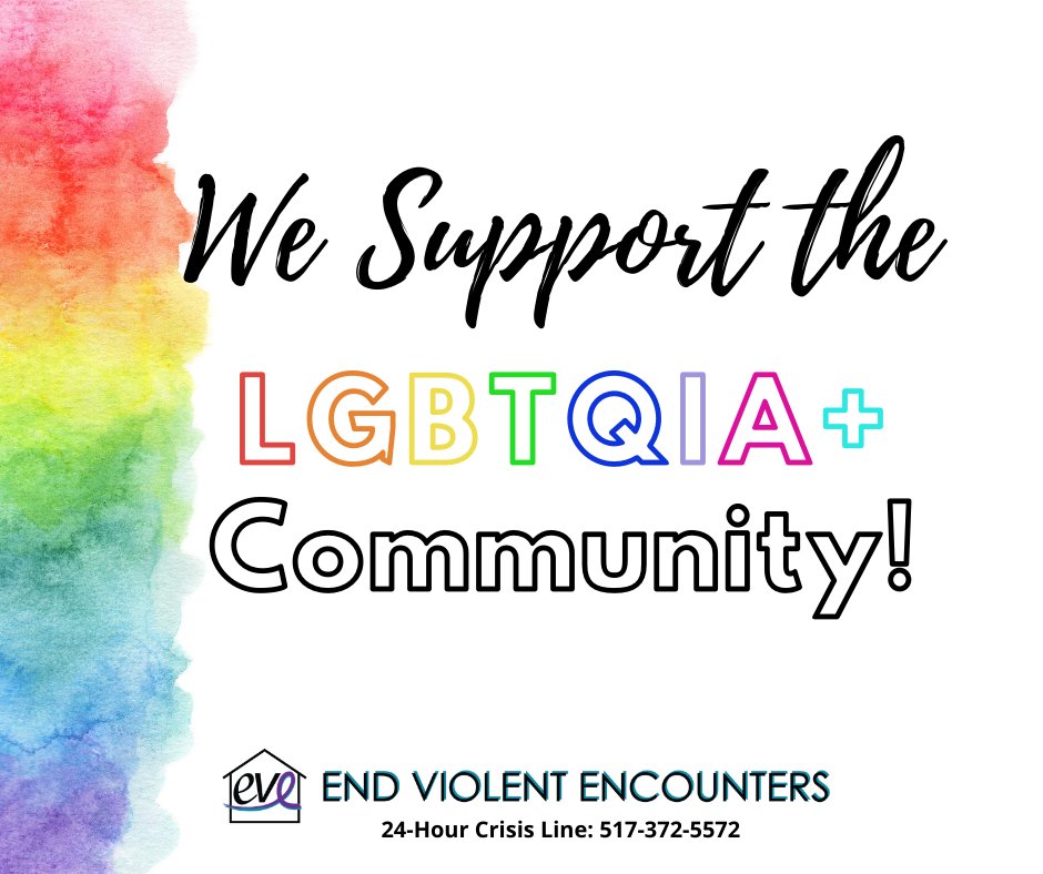 #PrideMonth may be coming to an end but we will continue to support the LGBTQIA+ community and survivors. If you are in need of services please contact our 24-hour crisis line at 517-372-5572 or use our online chat at eveinc.org/24-hour-hotline.