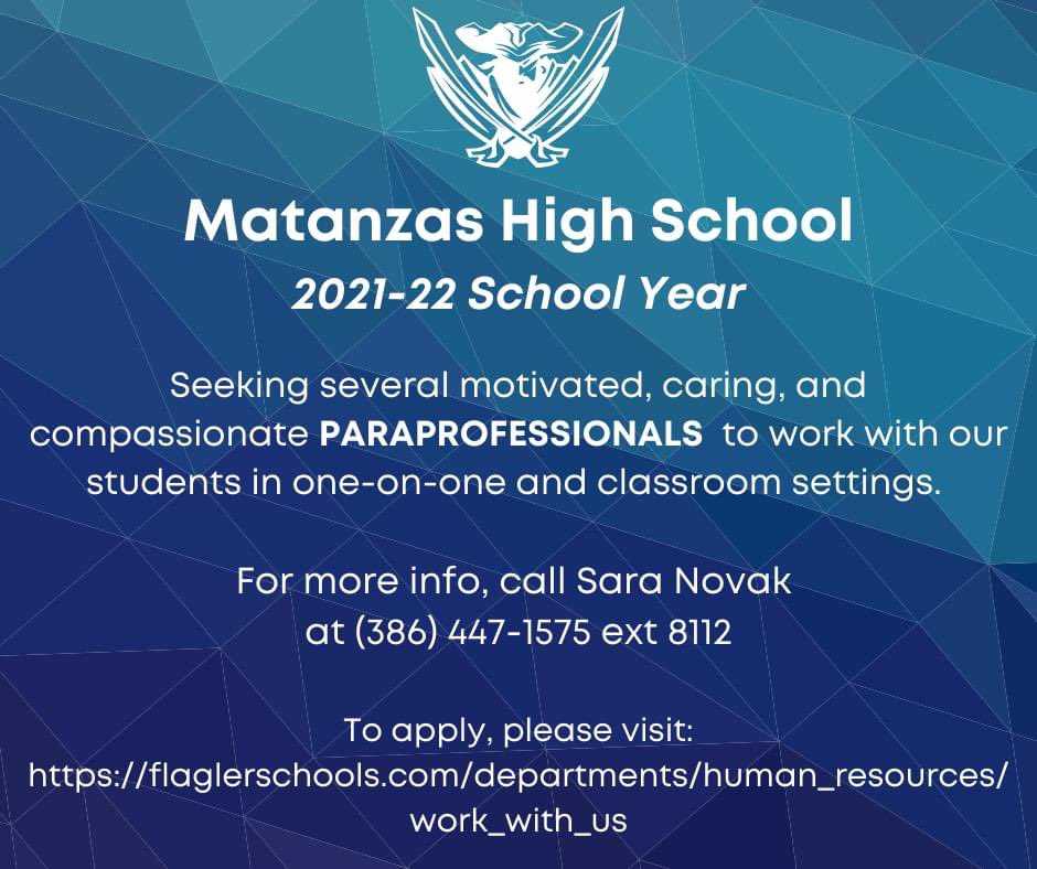 MHS is looking for some dedicated PARAPROFESSIONALS to join our staff at The Ship! 
Interested in learning more? Call Ms. Novak at (386)447-1575 ext 8112 or apply at: flaglerschools.com/departments/hu…