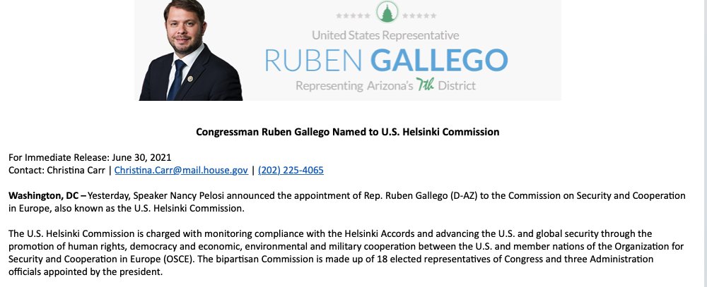 Rep. @RubenGallego appointed to U.S. Helsinki Commission, which monitors its accords, global security. 

A good gig, till he gets ambassadorship somewhere, anywhere? https://t.co/2cVUU1YSen