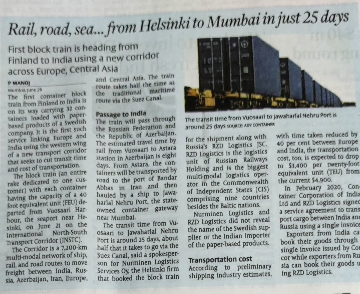 Rail, Road, Sea - Cargo fm Helsinki to Mumbai in 25days!

1st block Train left with 32 containers @40FEU - to Russia, Azerbaijan by rail...thru NS Corridor
to BandarAbbas by road, then to JNU port by sea

#EXIM cargo with a single invoice

Transit time reduces by 40%, cost by 30% https://t.co/5vbsfxb0XF