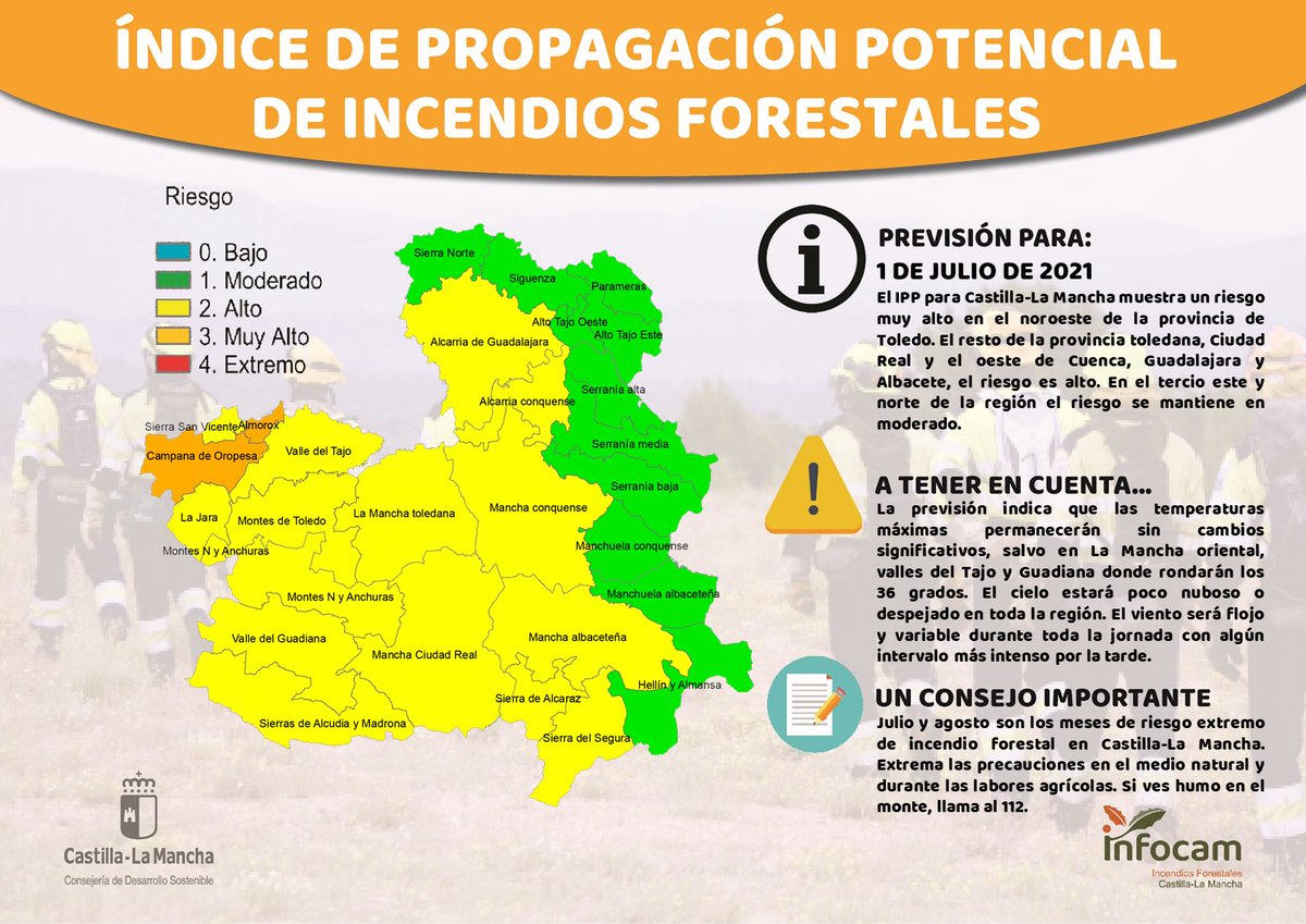▶️El #IPP de #IIFF 🔥🔥 para el 1 de julio en #CastillaLaMancha
🟧 MUY ALTO en noroeste de #Toledo 
🟨ALTO en #Toledo, #CiudadReal y oeste de #Guadalajara, #Cuenca y #Albacete 
🟩MODERADO en tercio este y norte de #CLM
#EresEsencial
ℹ Más info: bit.ly/3iElyzE