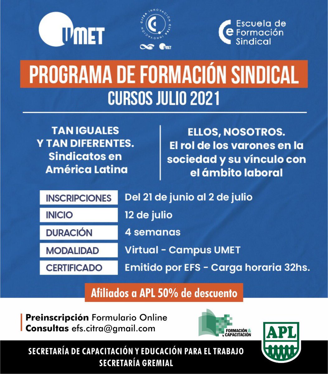 La Escuela de Formación Sindical de CITRA-UMET organiza el ciclo de formación sindical sobre Integración regional y perspectiva de género.

Inscribite! 👇
forms.gle/t8C9K697MXcNbP…

📧 efs.citra@gmail.com

✳️ Afiliados <a href="/APLCongreso/">APL</a>, 50% de descuento ✳️