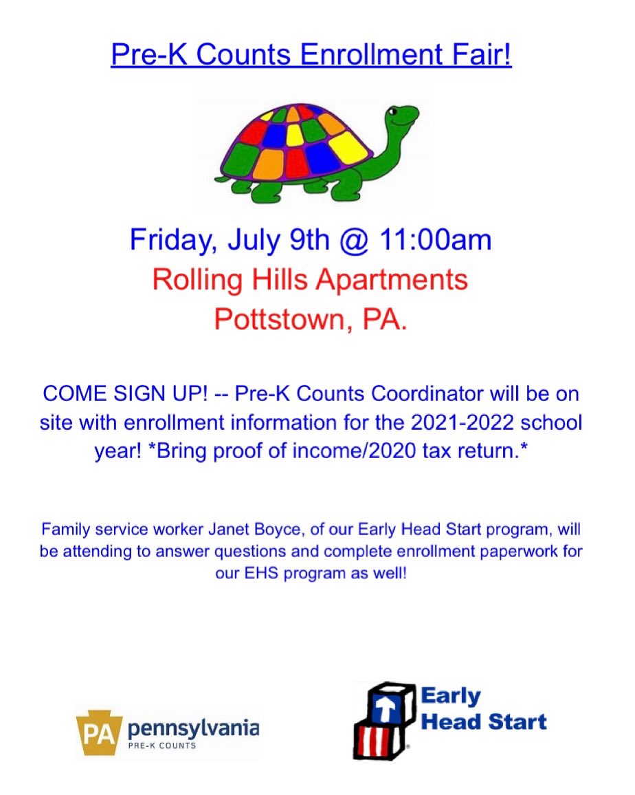 Next Friday, July 9th, come out to the Pre-K Counts Enrollment Fair at the Rolling Hills Apartments in Pottstown, PA!  

#warwickchildcare #childcare #PreKCounts #PKC #freechildcare #enroll #preschool #prek #montgomerycounty #pottstown