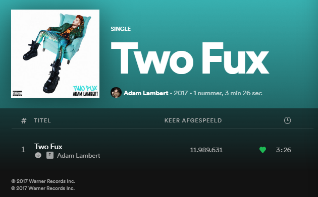 skaschep's tweet photo. Released 4⃣ Years ago today! 🎉 #TwoFux by @AdamLambert 🎉 Now 11,989,631 streams (+1,237)! 🎧 (30 June 2017)
"If you think that what I do and how I live's too much
If you think that what I say and what I give ain't love
I don't really give Two Fux" 🌈 https://t.co/NYaUgdLdiD https://t.co/F2MjTihF30