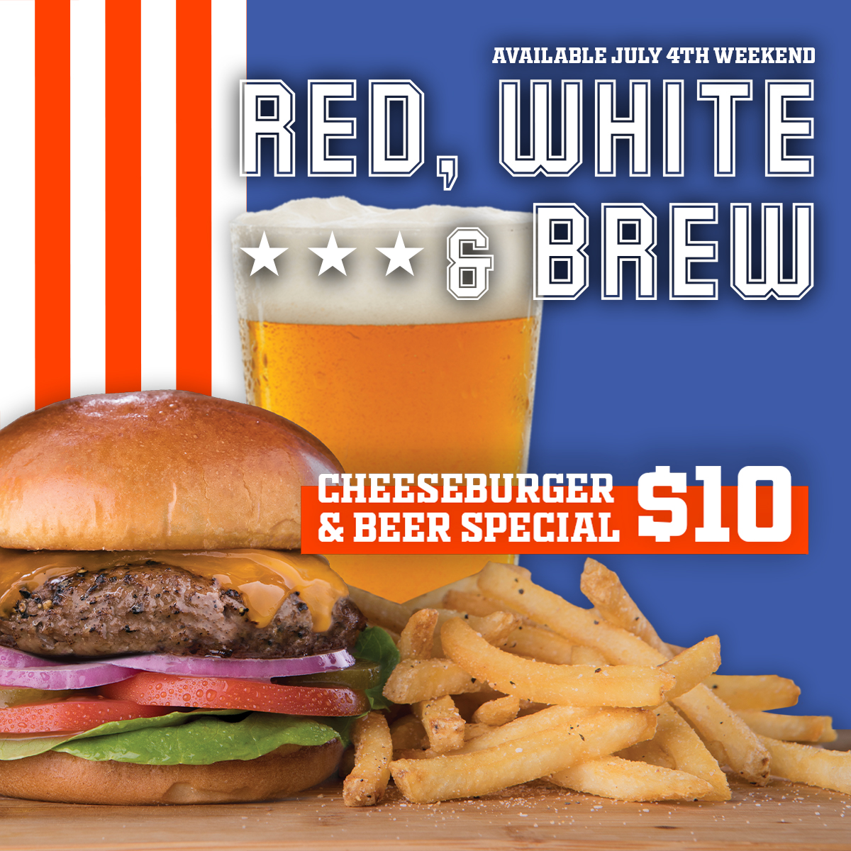 Celebrate this holiday weekend with a classic, All-American combo!🍺🍔 Available 7/2 - 7/4. Offer not valid with any other promotion, offer or discount. Tax and gratuity not included. No cash value.