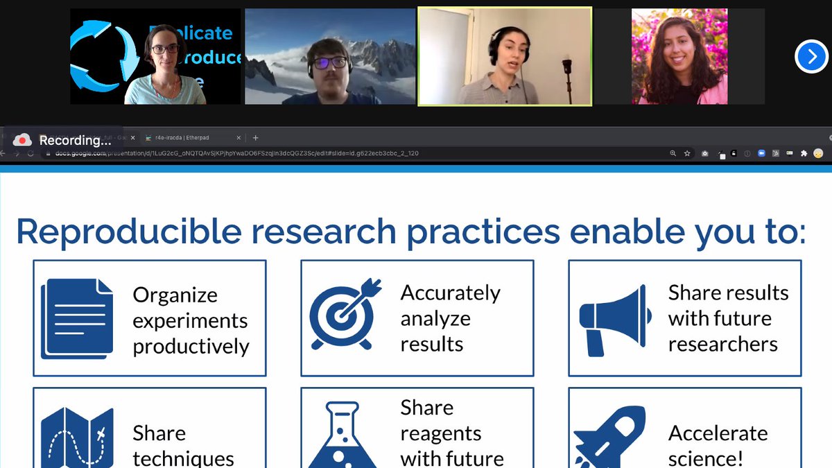 Nele Haelterman (@haeltermannele) on Twitter photo Today <a href="/_AAlpha/">Alberto Antonietti - @aalpha@sigmoid.social</a> joined us to run his first <a href="/repro4everyone/">Reproducibility for Everyone</a> workshop <a href="/iracda2021/">IRACDA2021</a>. He did such an awesome job!!
Do you want to improve the reproducibility of research? Join our community! We'll guide you through the process to help scientists discover reproducible research methods! Today <a href="/_AAlpha/">Alberto Antonietti - @aalpha@sigmoid.social</a> joined us to run his first <a href="/repro4everyone/">Reproducibility for Everyone</a> workshop <a href="/iracda2021/">IRACDA2021</a>. He did such an awesome job!!
Do you want to improve the reproducibility of research? Join our community! We'll guide you through the process to help scientists discover reproducible research methods!