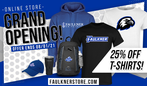 FaulknerEdu's tweet photo. 🚨GRAND OPENING ALERT!!!🚨

The launch of our Official Faulkner University ONLINE Store is finally here! 🦅💙

Check out all of our Faulkner apparel and gear at – https://t.co/h1FrGlKadj

Order TODAY through August 1, 2021 and get 25% OFF Faulkner T-shirts! https://t.co/jeQ0qko2VV