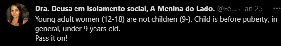 pakojojoker's tweet photo. PEDOFILIA
=
AAAAAAAAAAAAA, porra, nunca me senti tão frustrado lendo post na internet namoral
=
denuncia essa desgraçada https://t.co/To3n8qSCUb
=
namoral, LEIS PRA ESSA VAGABUNDA não existem, ela defende que comer criança acima de 9 anos é normal porque eles tão na puberdade https://t.co/F1BRaBNHir
