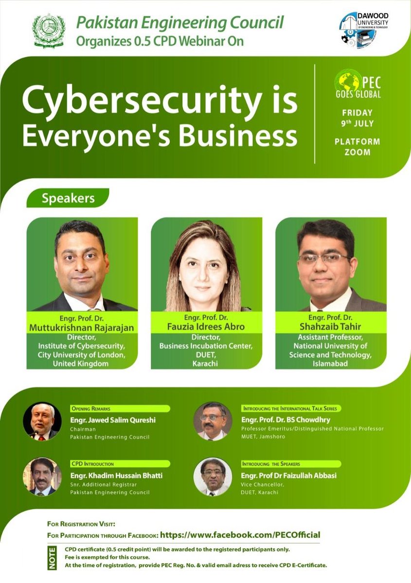 Victoryabro's tweet image. &quot;Cybersecurity is everyone&apos;s Business&quot;. Please join us for the webinar organized by PEC &amp;amp; @DawoodUETKhi .
#CyberSecurity #securityengineers 
@manzoorhsoomro @nishatriaz @MathsSciencePK @pakscienceclub @khurramcyber @DrJDrooghaag @Shi4Tech @robmay70 @cityalumni   @Fabriziobustama