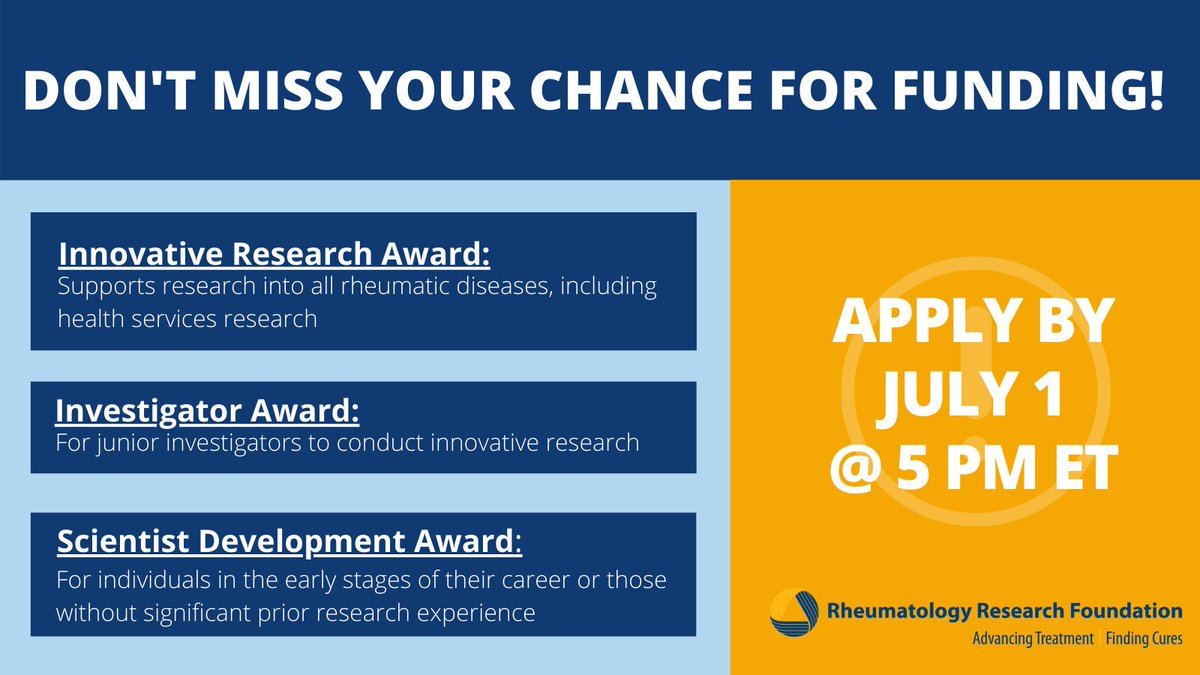 The deadline for our Innovative Research, Investigator and Scientist Development Awards is just a day away! These awards support investigators through every career stage. 

Apply by 5 PM ET tomorrow, July 1, 2021 at rheumresearch.org/Apply #RheumRFA