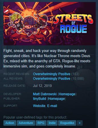 madguy90's tweet photo. Streets of Rogue just hit 10,000 Steam reviews, and still going strong!  Hard at work on the open-world sequel right this moment! (it'll still be awhile before I have something to show on that, but keep your eyes peeled) https://t.co/E3guHsJh7Y