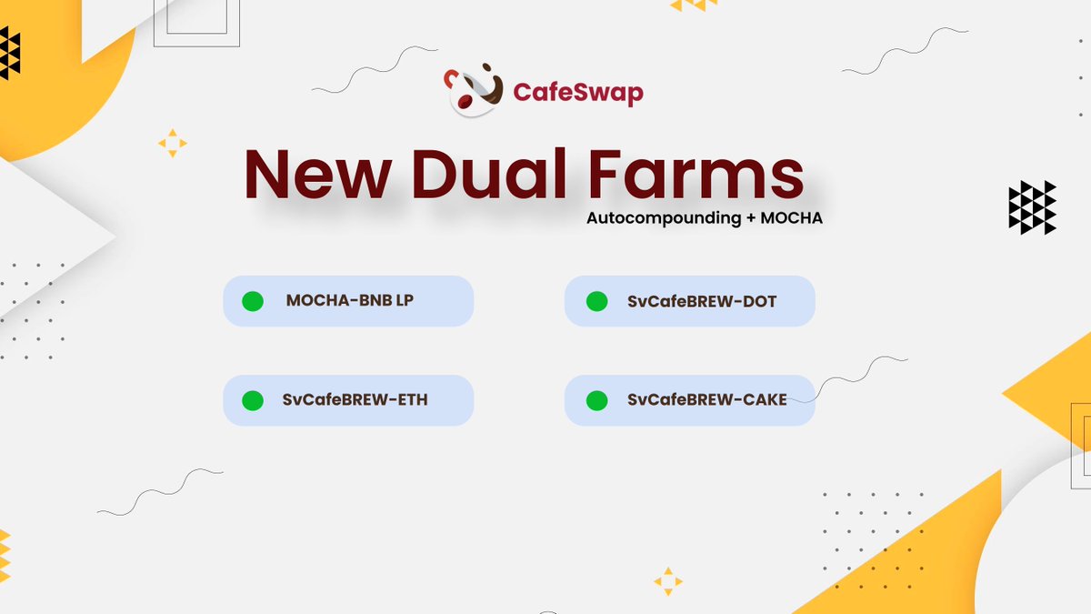 CafeSwapFinance's tweet photo. The #DualFarm ecosystem is being expanded to include even more vaults. 

Prepare for the #CafeSwap maximal powered by hot $MOCHA ☕.

Take a seat and enjoy double the coffee. On the house! 😎

#CafeSwap #BSC #YieldFarming https://t.co/V4HElsljhW