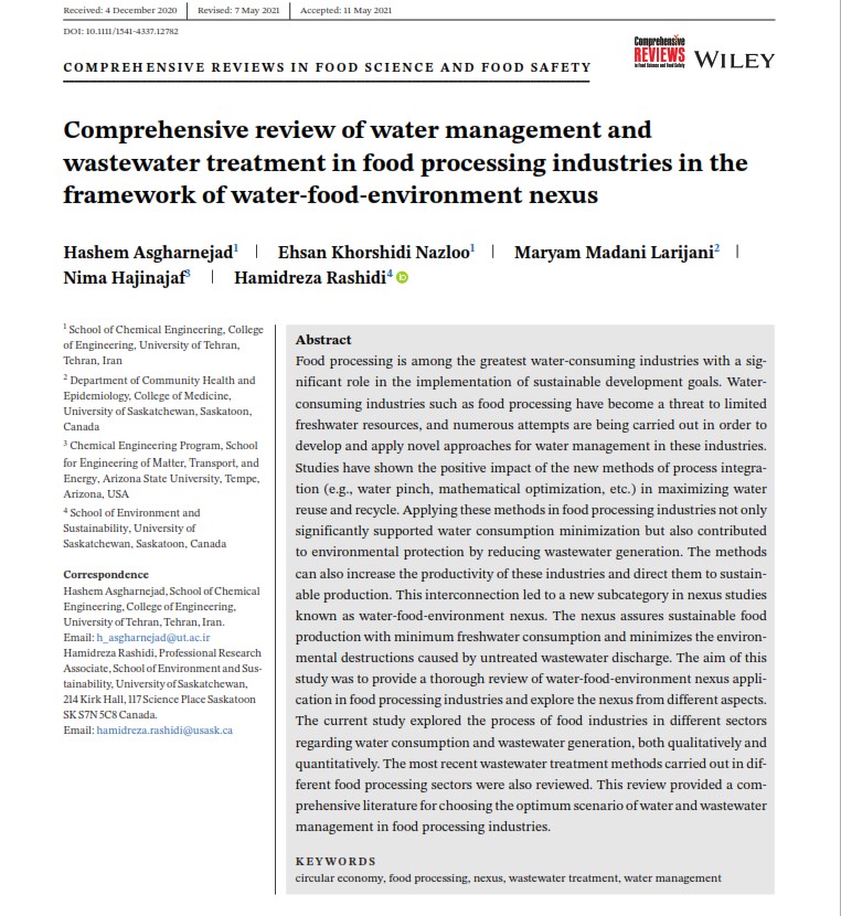 HamidRRashidi's tweet photo. Lets look at #watermanagement and #wastewatertreatment through the lenses of water, food, and environment #nexus.
In our just published research paper (https://t.co/BRaHJOfF12, we did a comprehensive review on water management in food processing industries. @MaryamMadani12 #nexus https://t.co/r5rUAoqf8g
