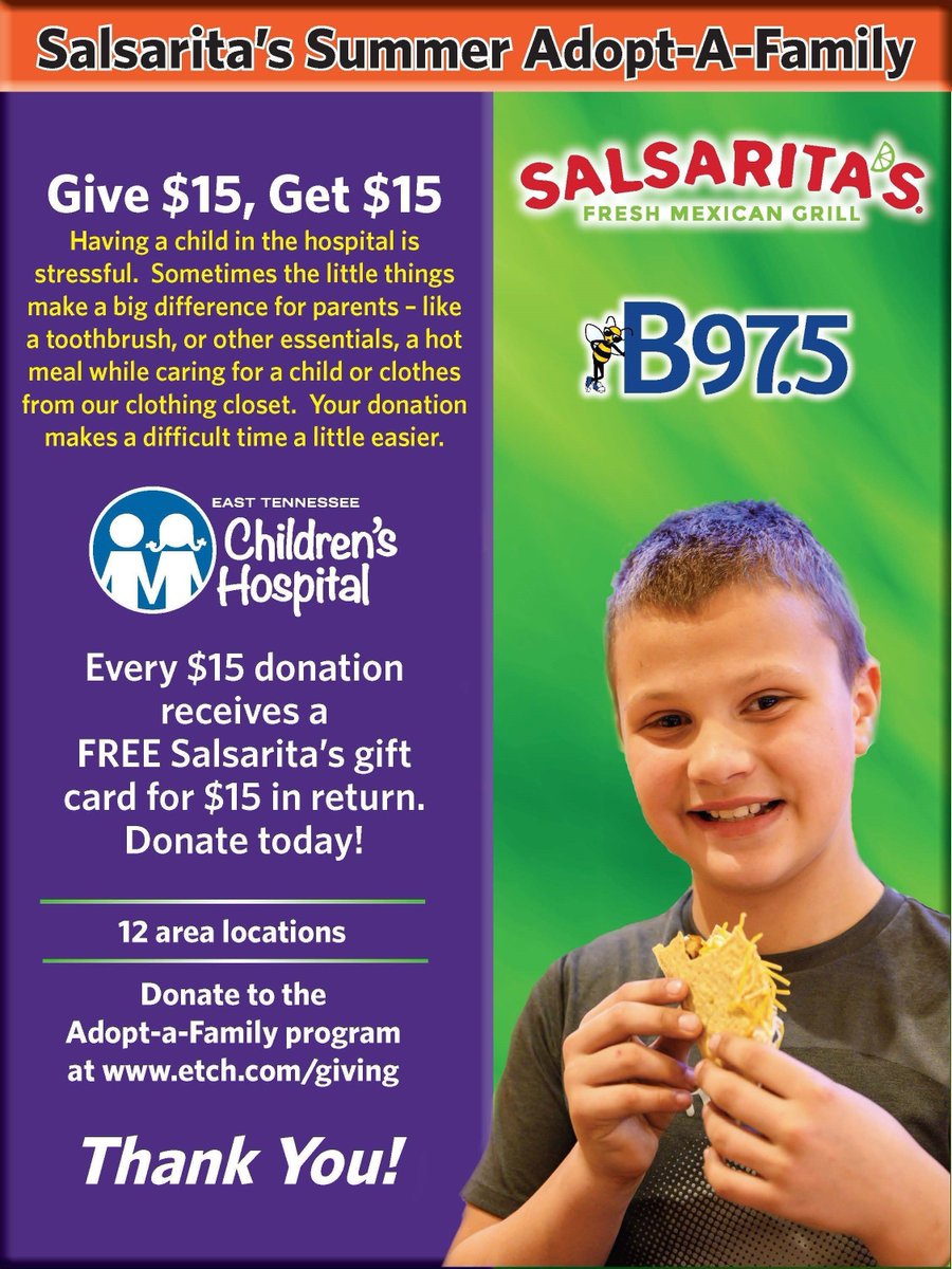 dollychildrens's tweet photo. Adopt-A-Family is back, and you can help support families at East Tennessee Children's Hospital by visiting your local @Salsaritas. Donate $15 and get a $15 gift card back! Or donate online at https://t.co/h5qtLGn58v. Your donation makes a difficult time for kids a little easier. https://t.co/c6GY4B0mGa