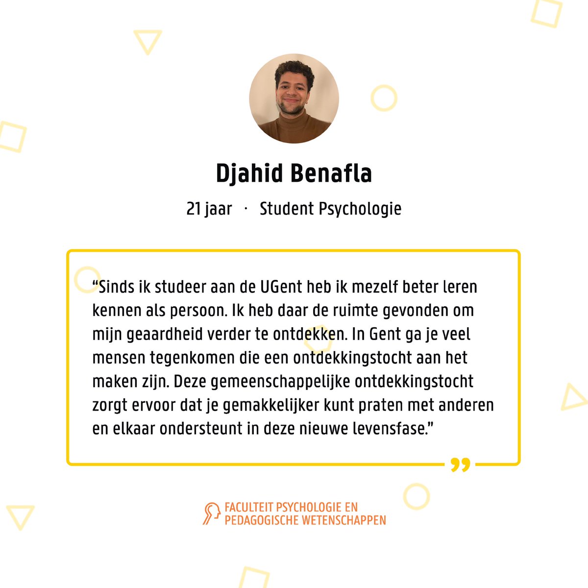 Een mooie getuigenis van Djahid Benafla, student psychologie. 👨🏽‍🎓

#durfdiversdenken #ugent #universiteitgent #opdrachthouderdiversiteit #khalidbenhaddou #universiteitgent #student #lgbtiqa