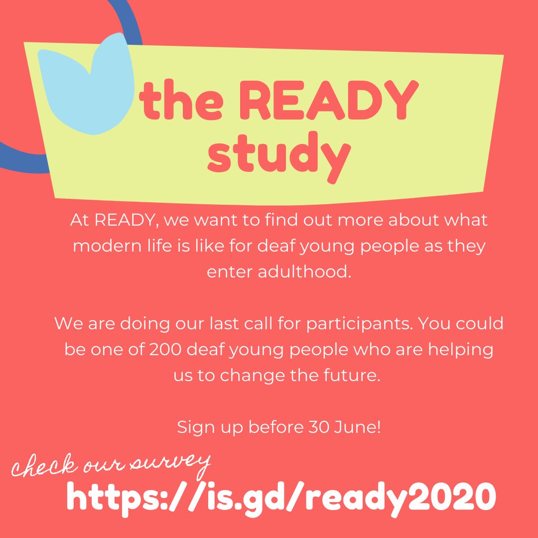 thereadystudy's tweet image. Are you deaf, aged 15-19 and living in England, Scotland or Wales? 
This is the last day to join in The READY Study! Just check our survey ➡️ is.gd/ready2020
