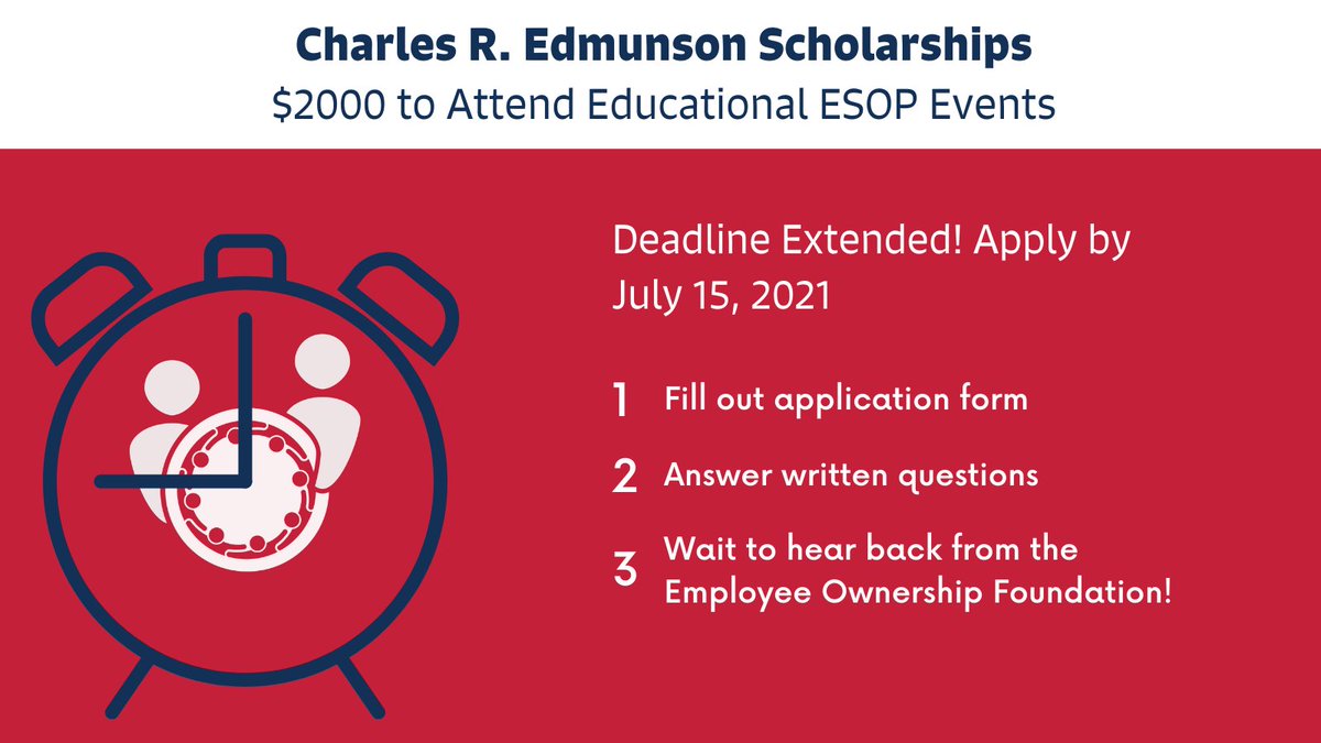 The deadline to apply for the Edmunson Scholarship, which helps defray the cost of sending non-management #employeeowners to programs that promote and offer education on #employeeownership, has been EXTENDED. Deadline for applications is now July 15, 2021. employeeownershipfoundation.org/grants-funding…