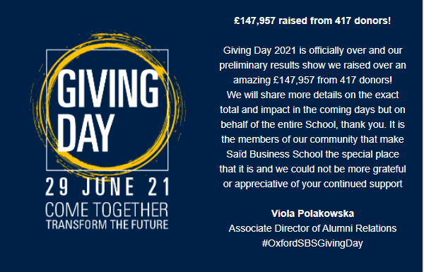 #OxfordSBSGivingDay 2021 is officially over! Thank you everyone - £147,957 raised from 417 donors is an incredible achievement 👏🎉