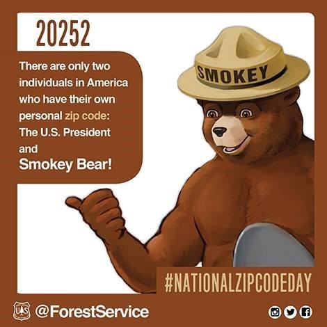 usfs_r4's tweet photo. Today is #NATIONALZIPCODEDAY
Did you know that @smokey_bear and the US President are the only individuals with their own zip code? https://t.co/1Uf2b3Z460