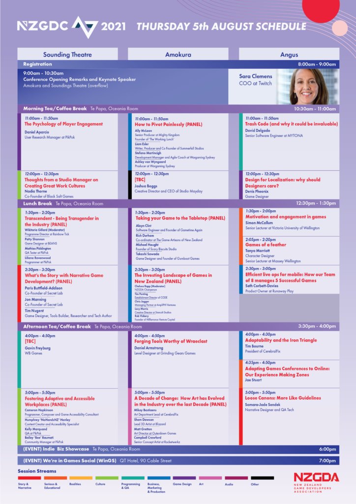 nzgda's tweet photo. Here it is! The Conference Schedule for NZGDC21!

- 124 Speakers
- 6 rooms for talks

To see them in more detail, visit: https://t.co/W56mwnra4M 

- Schedule for Workshops, 2 Conference days and our Student day all on the Website right now!

#nzgamedev #nzgdc21 https://t.co/Hj8T0OKZcO