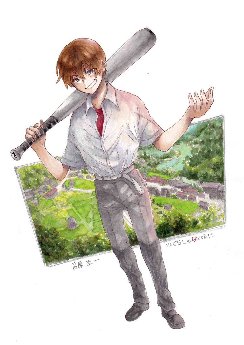 maebara keiichi 1boy male focus solo brown hair smile baseball bat pants  illustration images