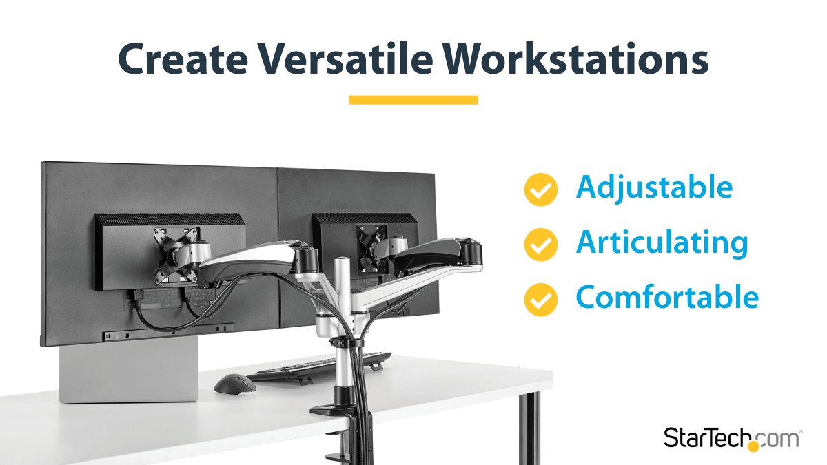 STARTECHdotCOM's tweet photo. Hoteling is the #newnormal, so it's essential to create workstations that are comfortable for whoever may be using them. 
With easily adjustable #monitormounts, users can adjust the height &amp; angle of their screens to suit their individual needs. 
Visit https://t.co/xUeQmcMxVR. https://t.co/StgJM6eVgz