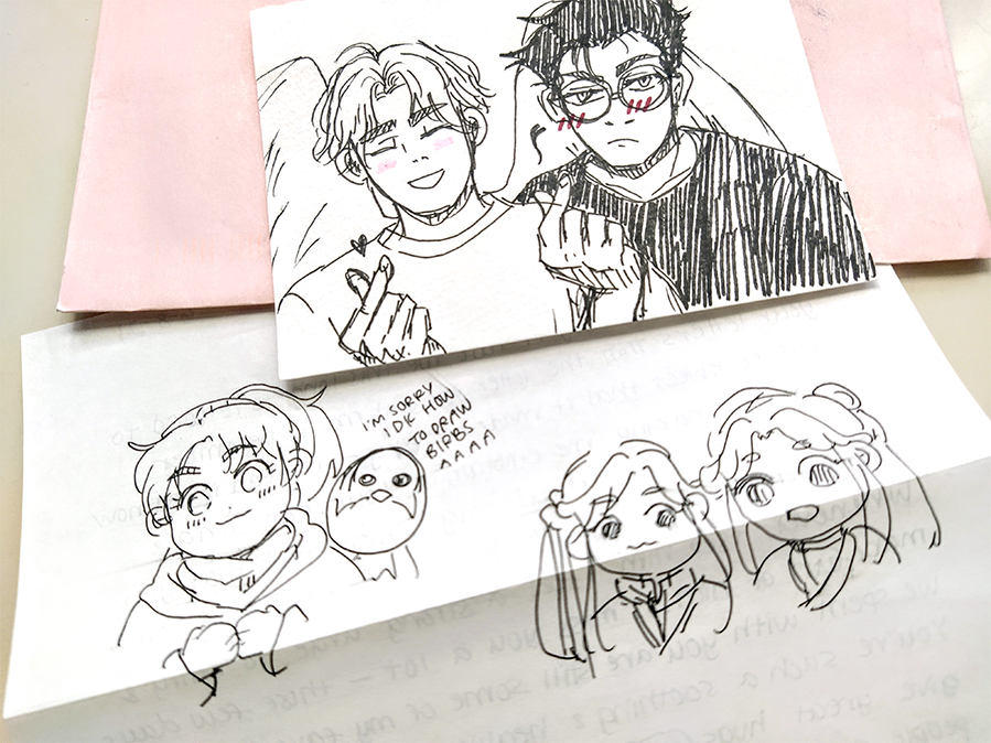 my sweet friend sent me a letter with the cutest drawings of my OCs 🥺🥺 (and hualian 😂💕) 