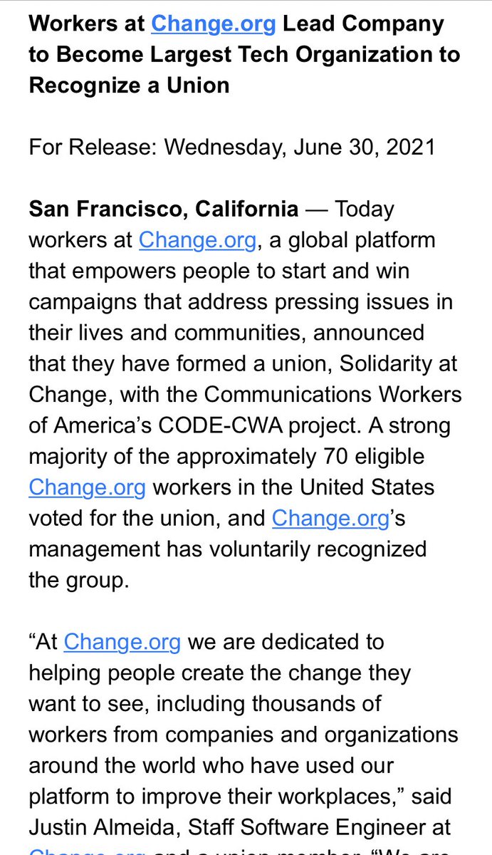 GrimKim's tweet image. Tech workers at @Change have formed a union with the Communications Workers of America’s @CODE_CWA project, and won voluntary recognition earlier today. The unit of 70, dubbed Solidarity at Change, includes campaigners, engineers, content creators, designers, and product managers